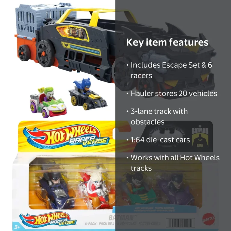 Paquete de vehículos Hot Wheels RacerVerse Batman Escape Chase se transforma en pista de 3 carriles con 1 Batman fundido a presión y 1 auto Joker RacerVerse + Hot Wheels RacerVerse