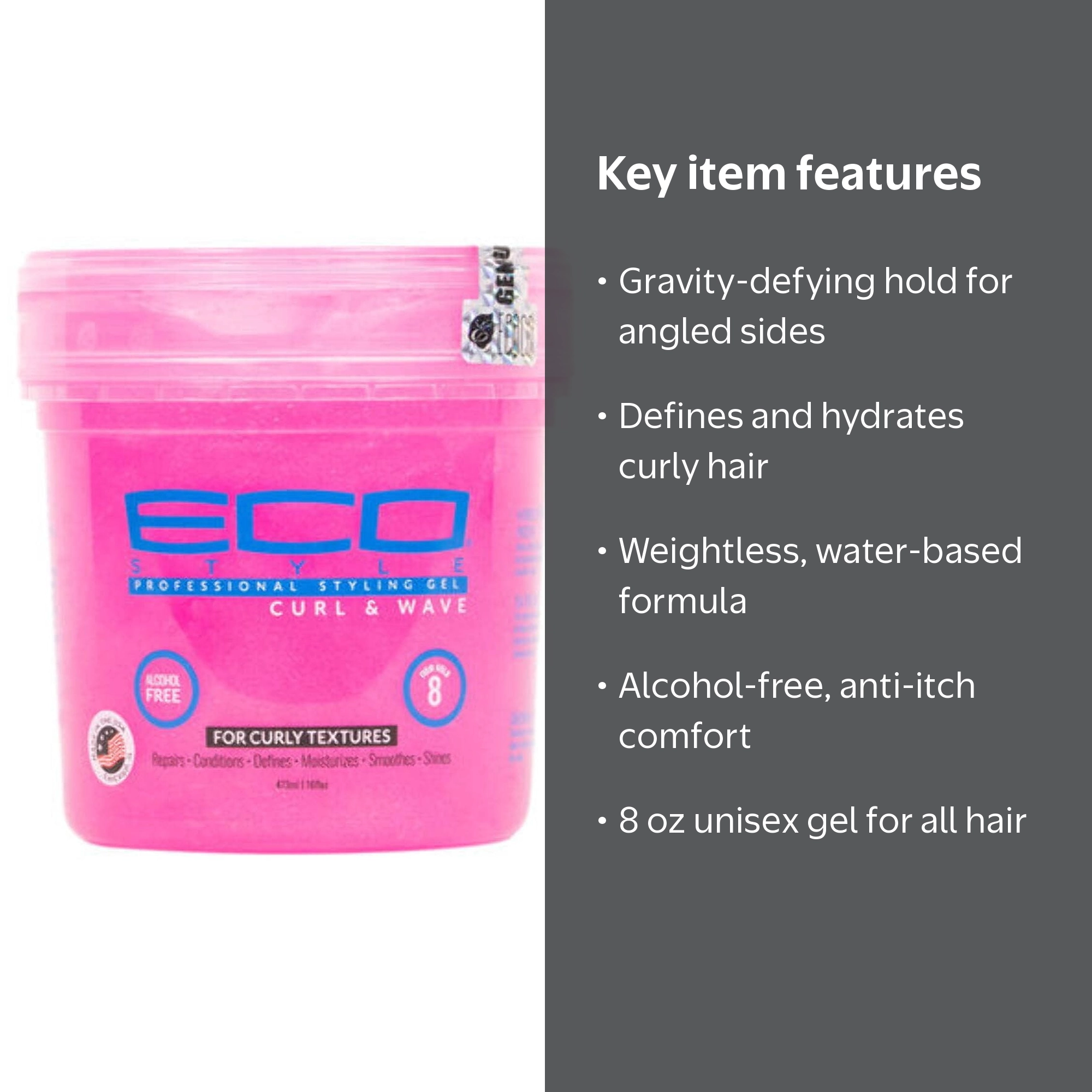Eco Style Gel - Curl & Wave, 8 oz, Defines Curls, Moisturizes Hair