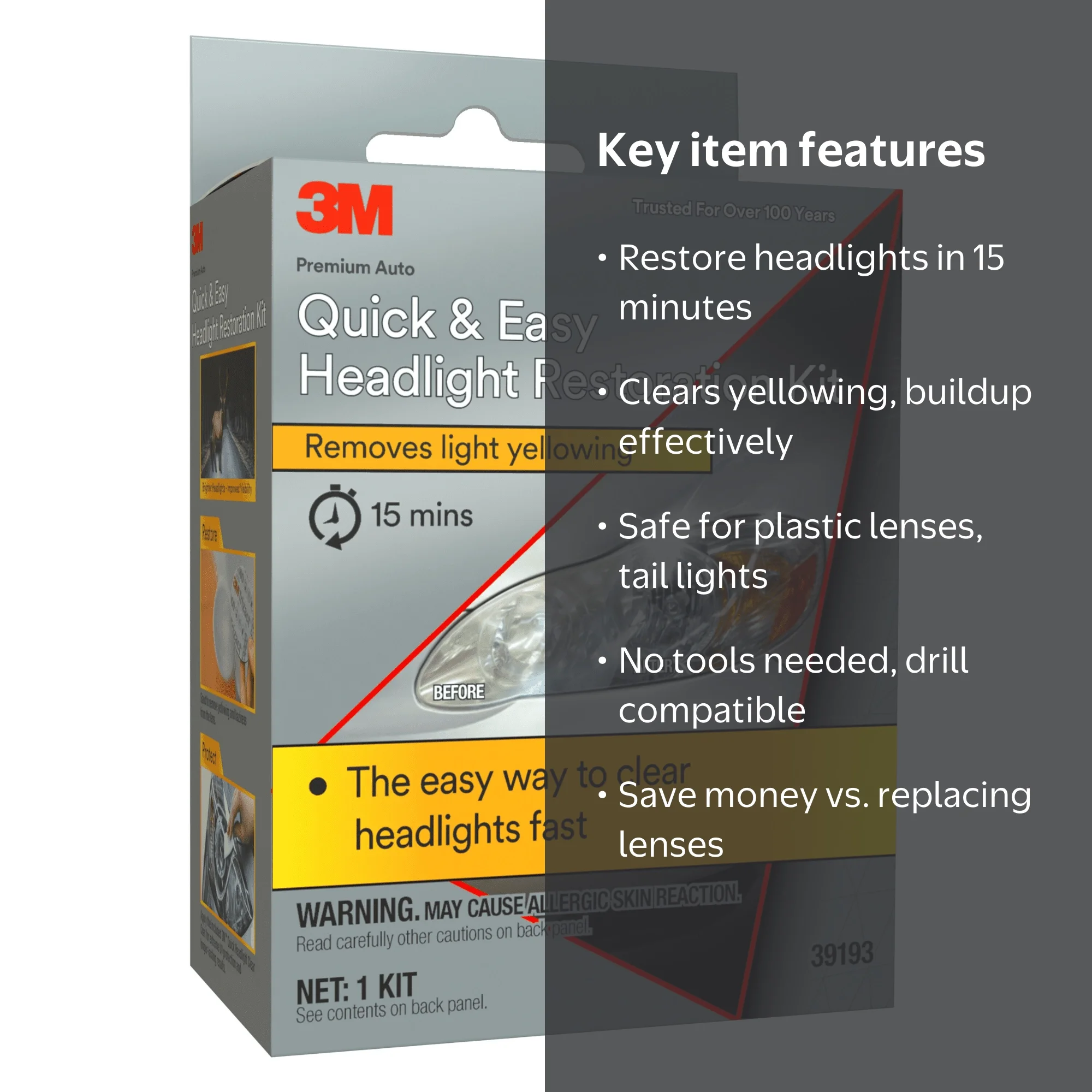3M Headlight Restoration Kit, Quick and Easy, Removes Yellowing in