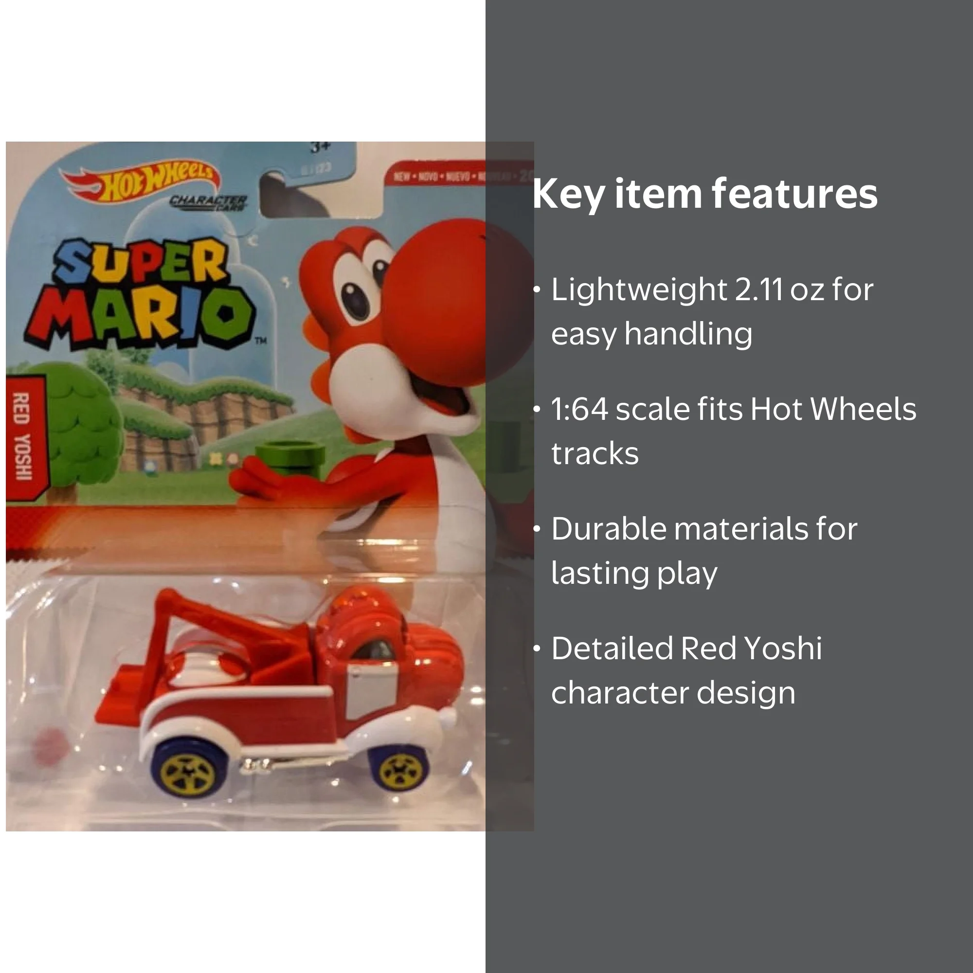 Hot Wheels Super Mario Character Red Yoshi Play Vehicles, 2.11 oz