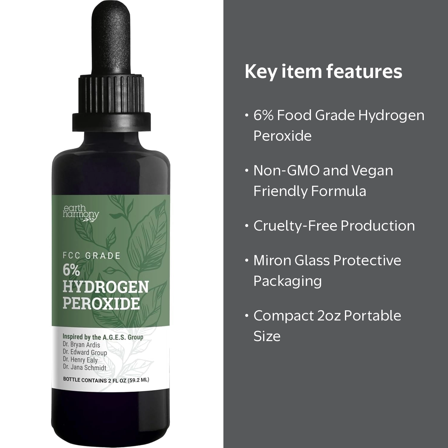 Earth Harmony Food Grade Hydrogen Peroxide, 6% in Miron glass