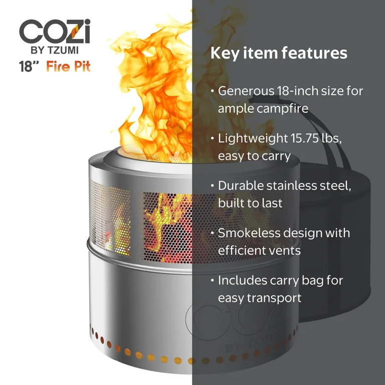 Cozii Smokeless Fire Pit, Stainless Steel, Portable Fireplace with