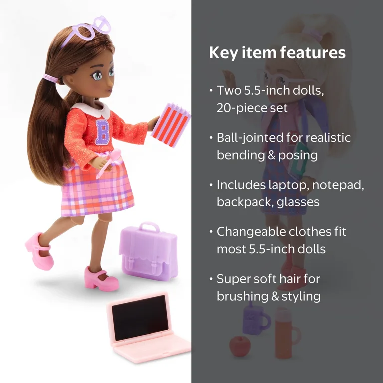 Hey Bestie Bella & Nicole 20-Piece School Dolls Set with Laptop