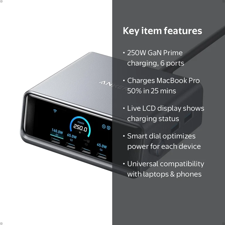 Anker Prime Charger 250W GaN USB-C 6-Port, 2.26
