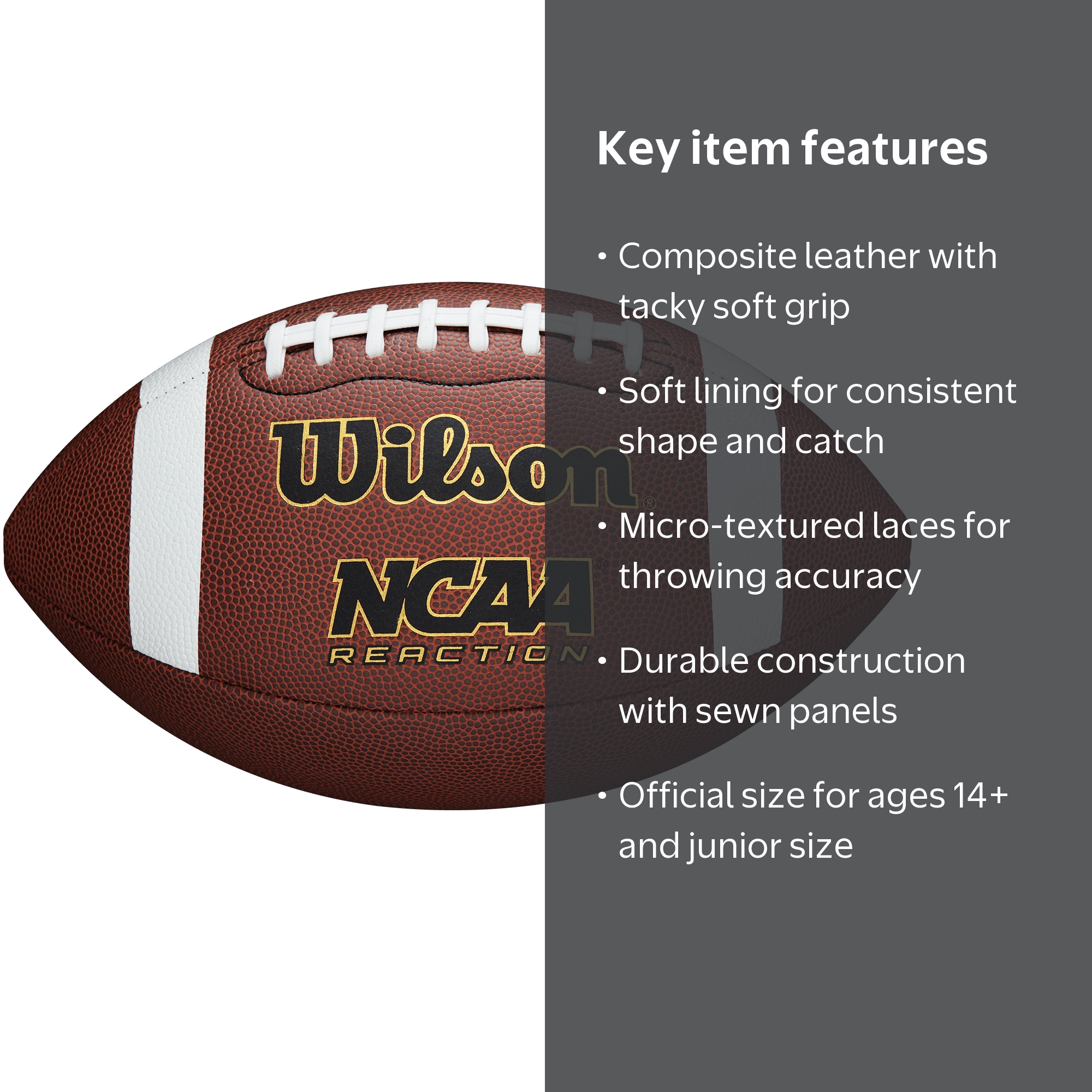 アメリカンフットボール　Wilson　NCAA　ユースサイズ合皮 Wilson NCAA Reaction Football Official Size Ages 14+ Composite