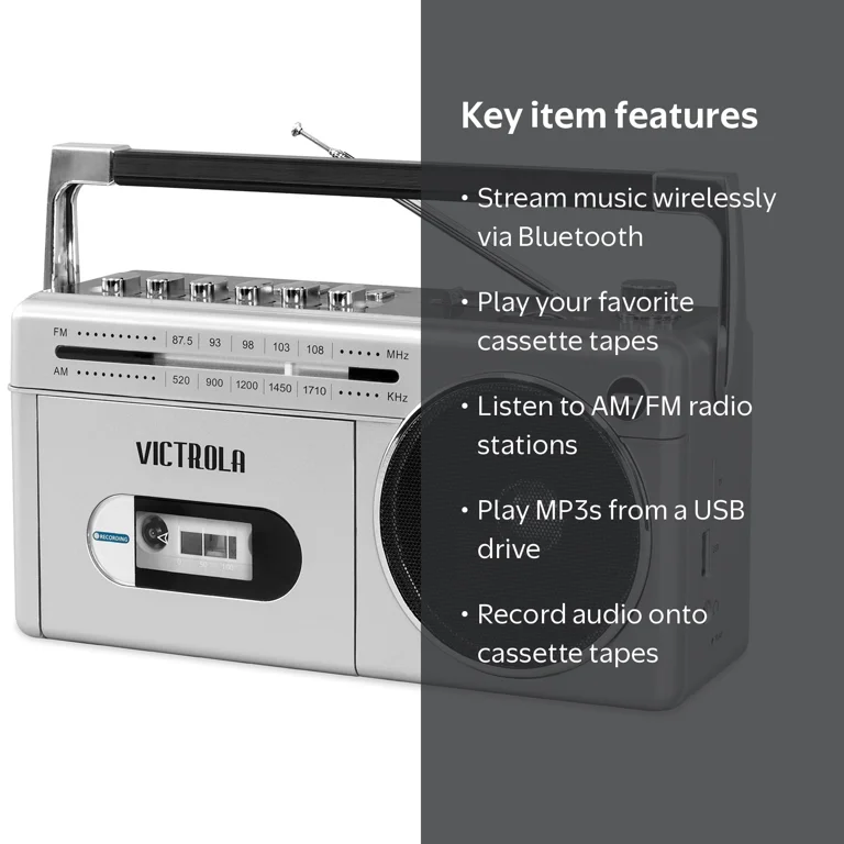 Victrola's Mini Bluetooth Boombox with Cassette Player, Recorder