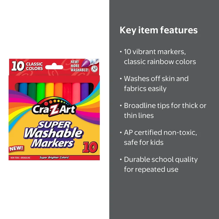 Cra-Z-Art Classic Multicolor Washable Markers, Broad Line, 10