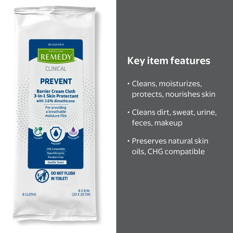 Medline Remedy Clinical 3-in-1 Barrier Cream Cloth Adult Wet Wipes