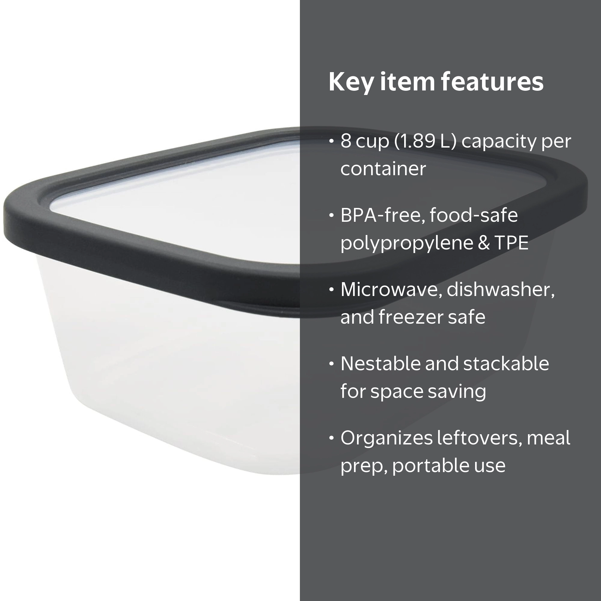 Mainstays Food Storage Container 8 Cup Gray 2 Pack Nestable and