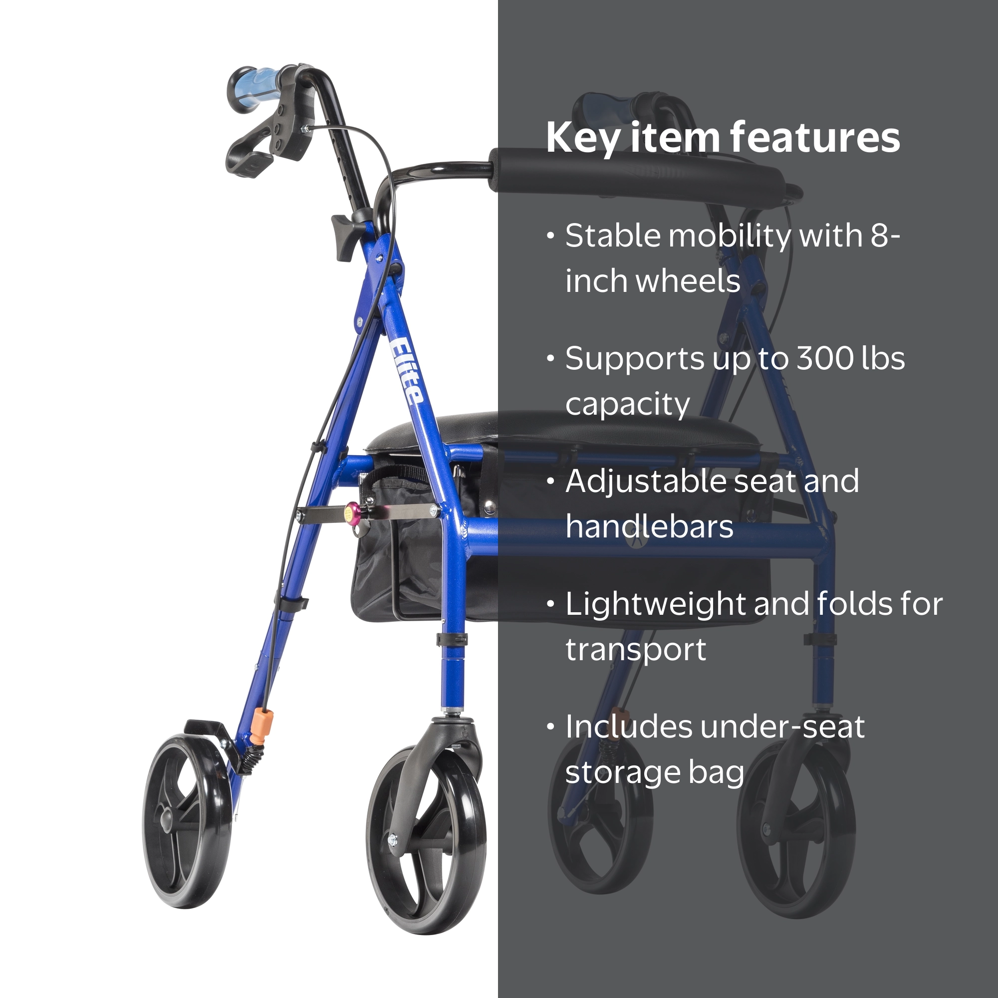 Hugo Elite Rollator Rolling Walker with Seat and Backrest, Blue Hugo Elite Rollator Rolling Walker with Seat and Backrest, Blue