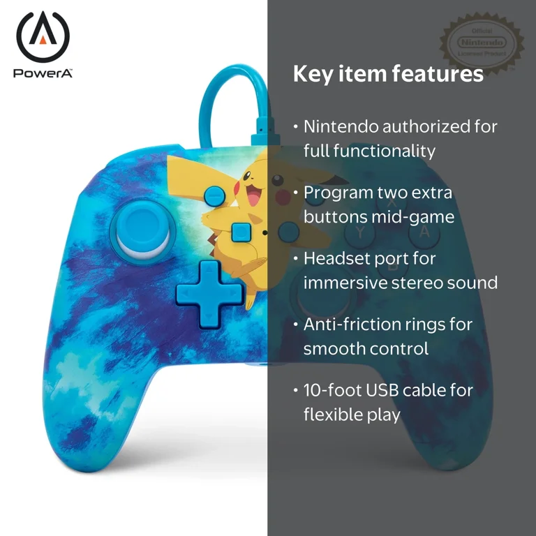 PowerA Enhanced Wired Controller, Pikachu Tie-Dye - Nintendo