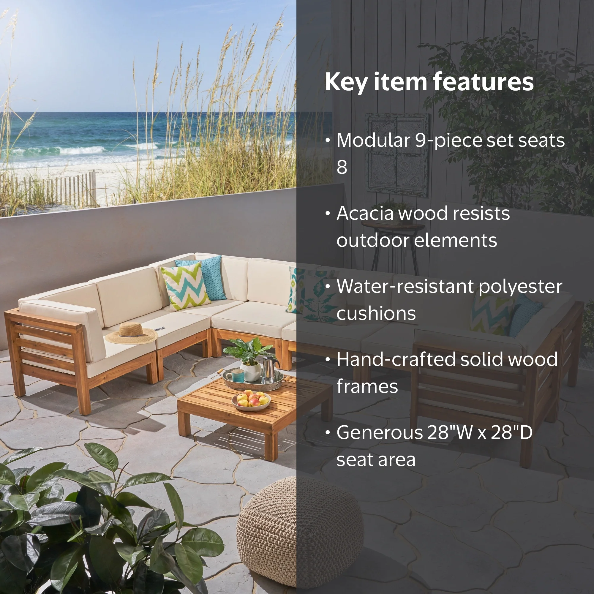 Frankie Outdoor 9 Piece Acacia Wood U-Shaped Sectional Sofa Set