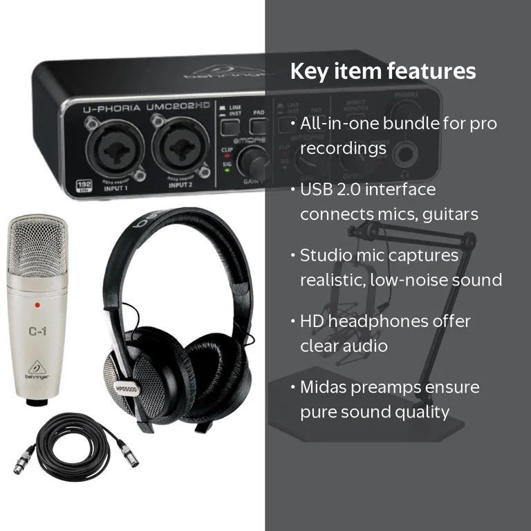 Behringer U-Phoria Studio Pro Recording Bundle, UMC202HD USB