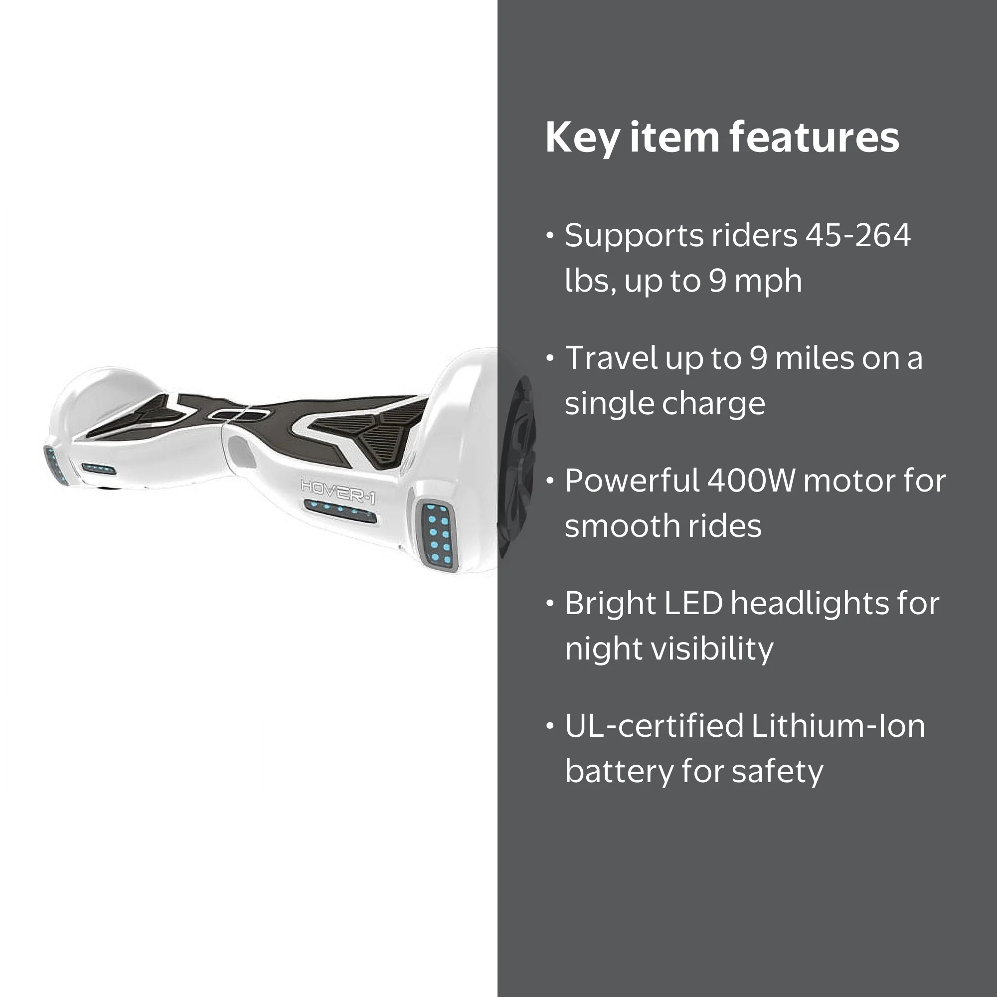 Hover-1 H1 Hoverboard, White, 264 lbs. Max Weight, LED Lights