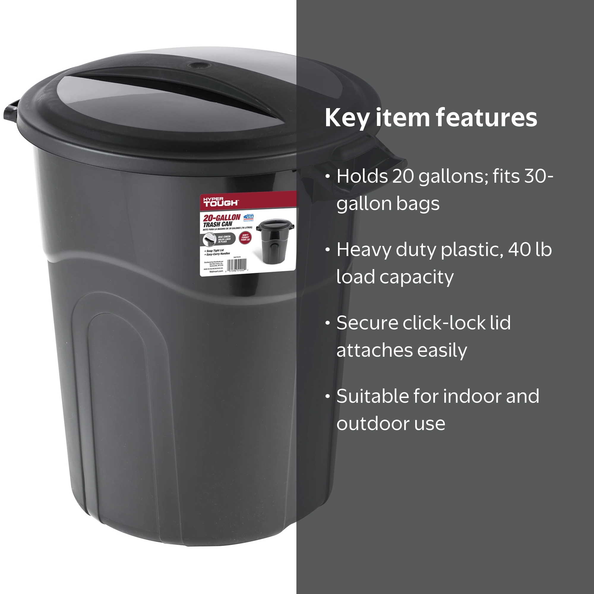 Hyper Tough, 20 Gallon Garbage Can, Black, Recycled Polypropylene