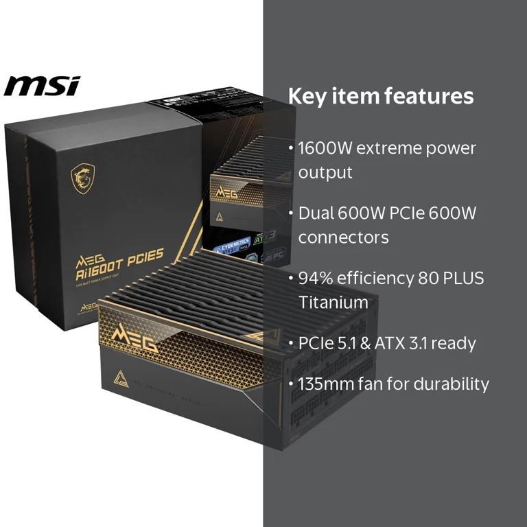 MSI - MEG Ai1600T PCIE5, 80+ TITANIUM Full Modular Gaming PSU