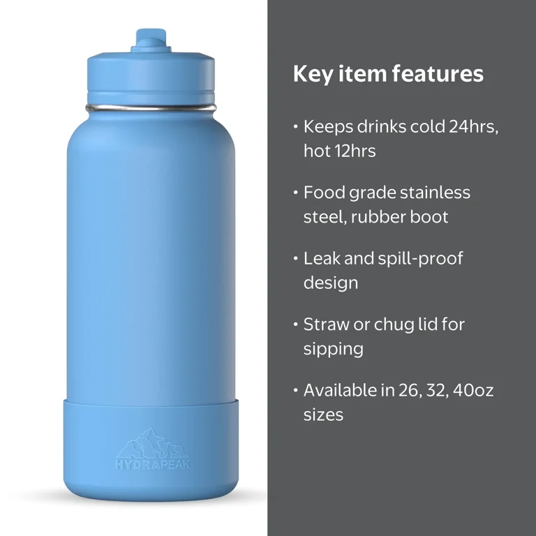 Hydrapeak 32oz Sport Insulated Water Bottle with Straw or Chug Lid Hydrapeak 32oz Sport Insulated Water Bottle with Straw or Chug Lid