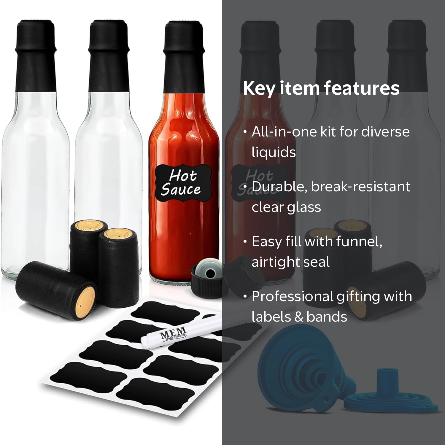Mem worldshop, Clear Glass Hot Sauce Bottle, 5 oz, Black Cap