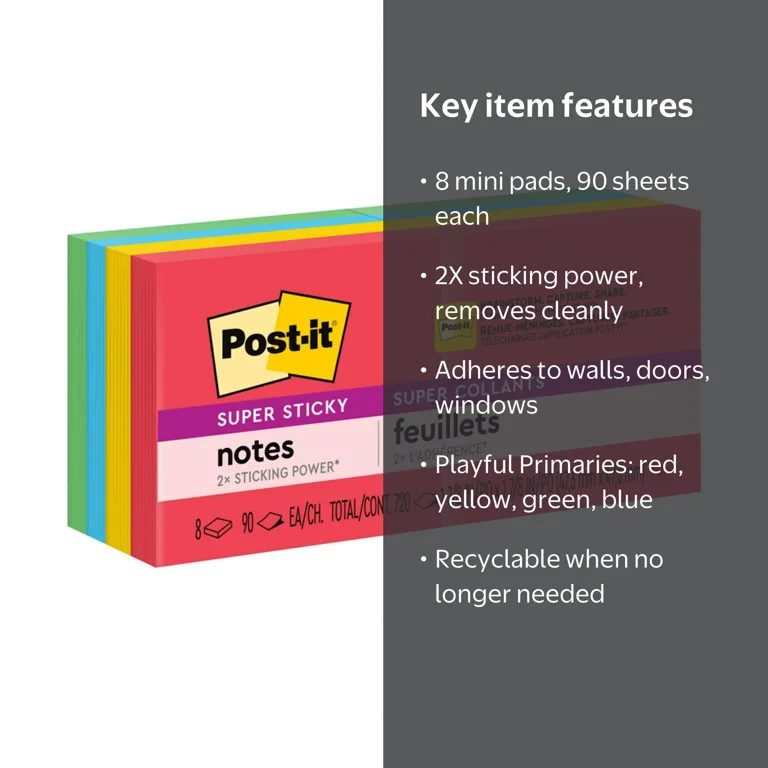 Post-it, Sticky Notes, Super Sticky, 1.8