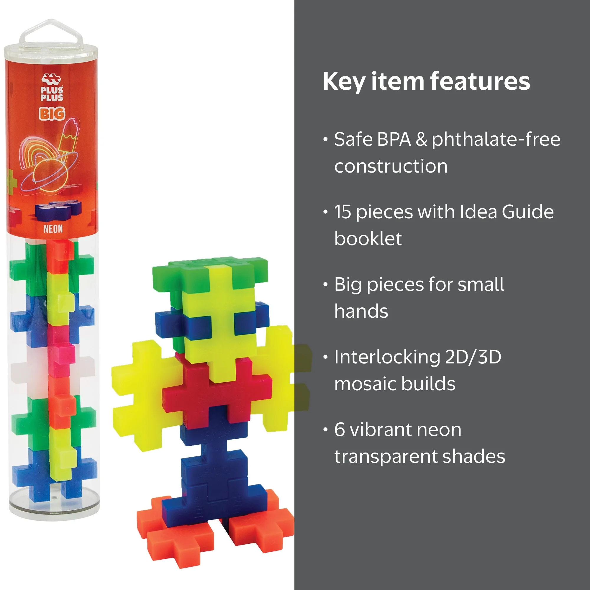 Plus-Plus Big – Open Play Tube – 15 Piece Neon Color Mix