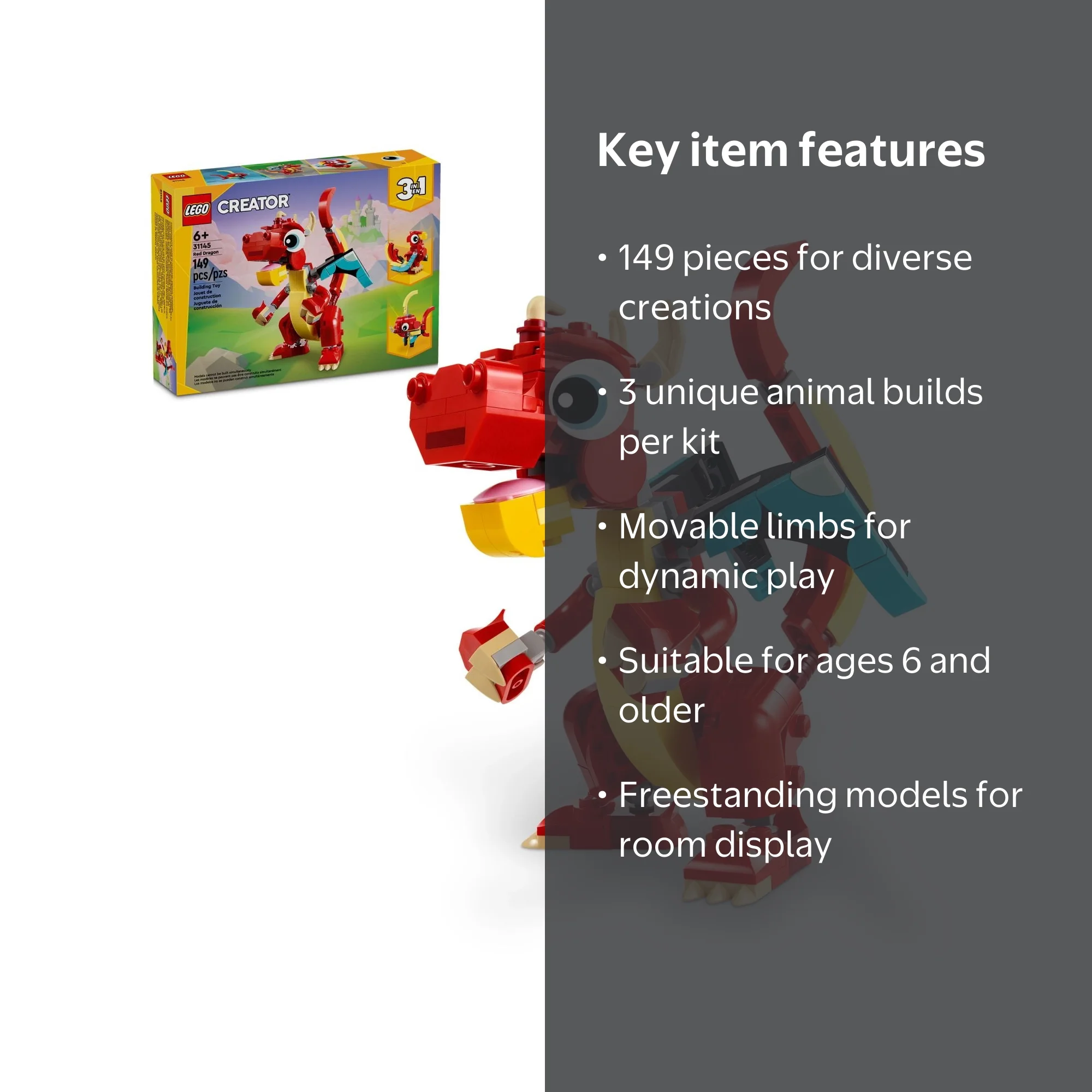 LEGO Creator 3 in 1 Red Dragon Toy, Transforms from Dragon Toy to