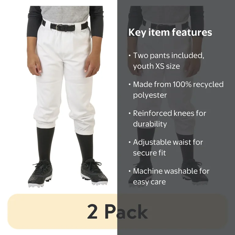 2 pack) Athletic Works Youth Unisex Baseball/Softball Pants, Size
