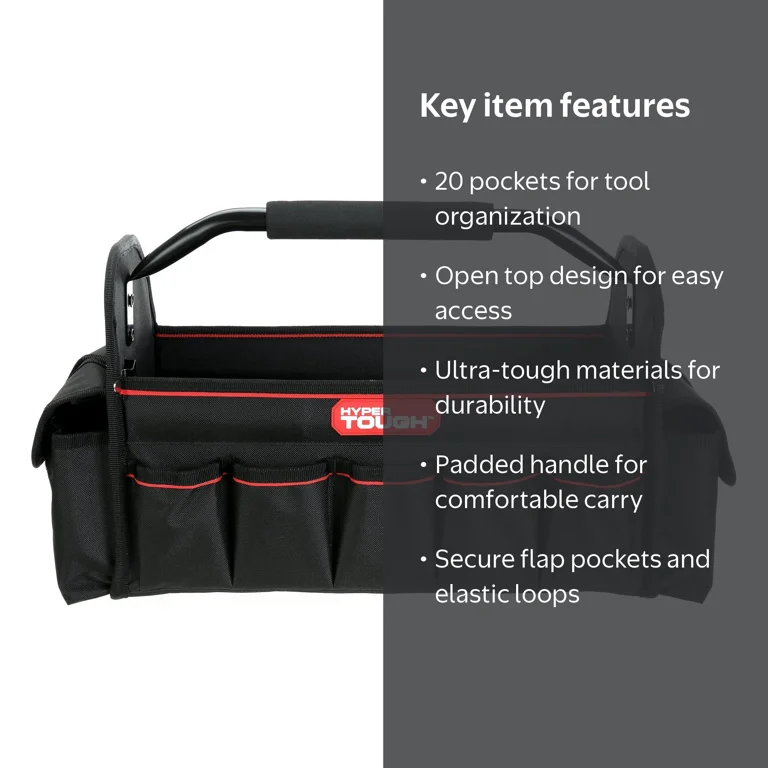 Hyper Tough 16-Inch Open Top Tool Tote with 20 Pockets, Steel