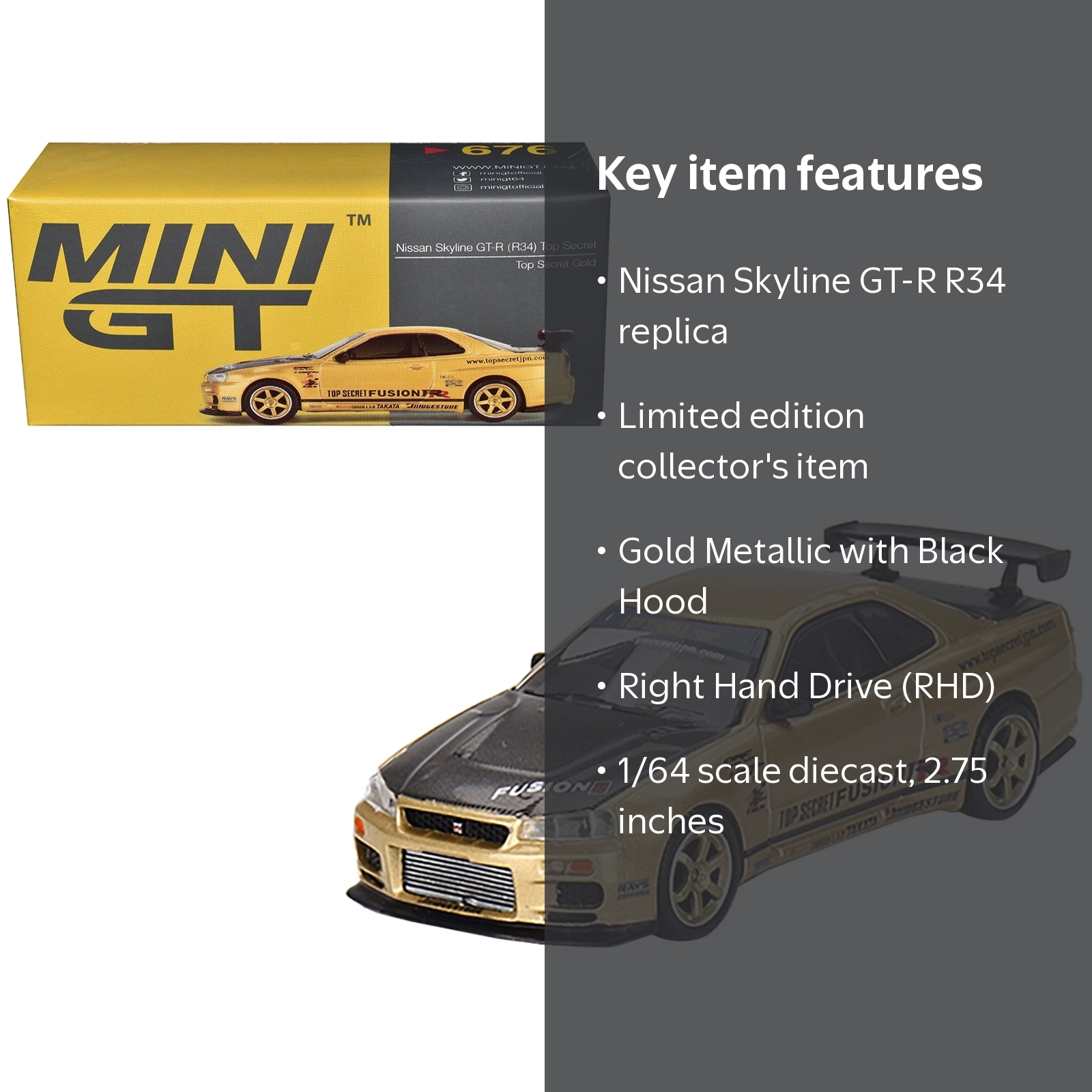 Mini GT Nissan Skyline GT-R R34 Top Secret – Gold - Walmart.com