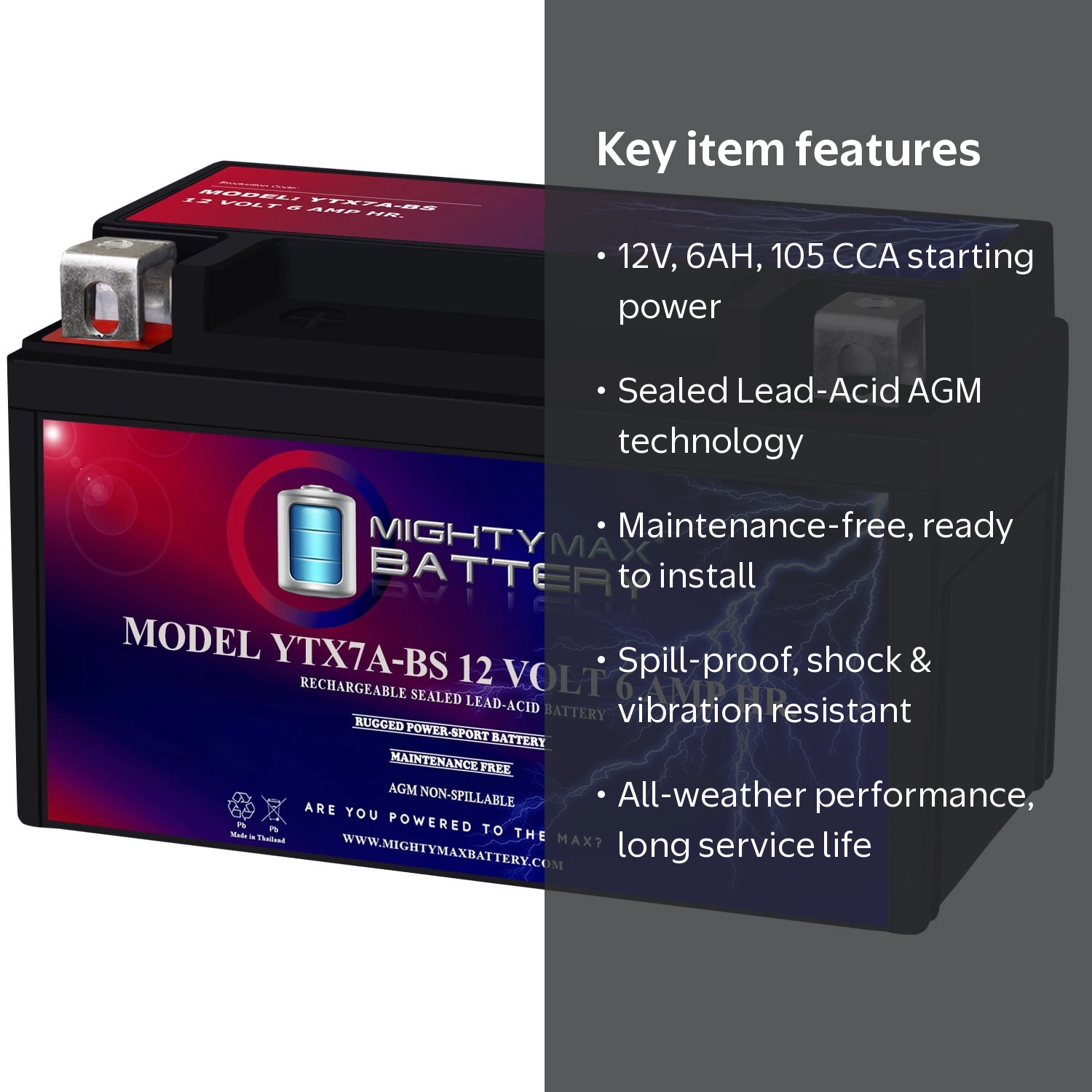 Mighty Max Battery, Motorcycle Battery, 12V 6AH, AGM, 105 CCA