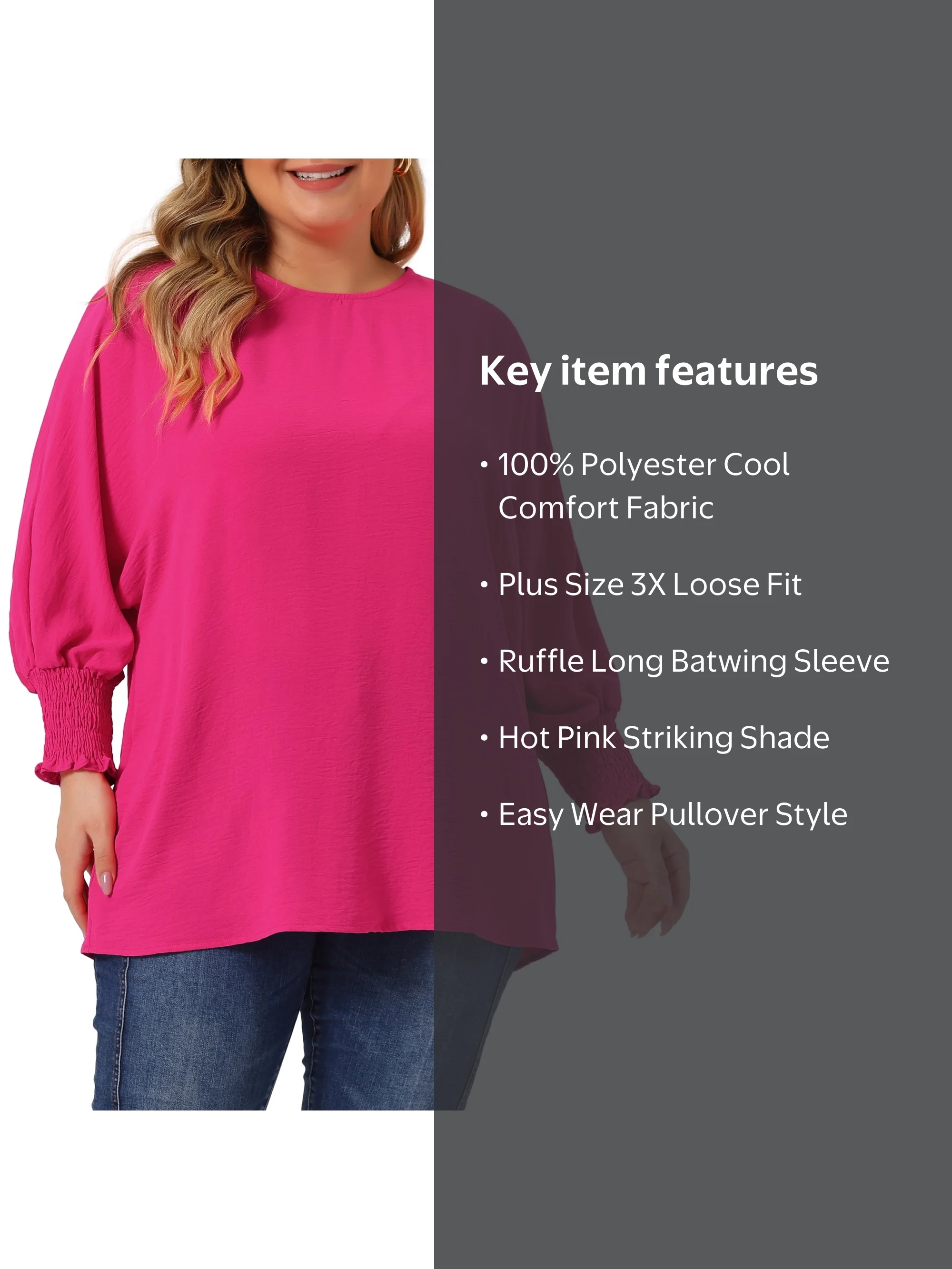 Unique Bargains Plus Size Chiffon Batwing Ruffle Long Sleeve Loose
