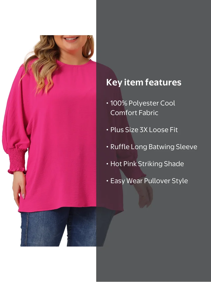 Unique Bargains Plus Size Chiffon Batwing Ruffle Long Sleeve Loose
