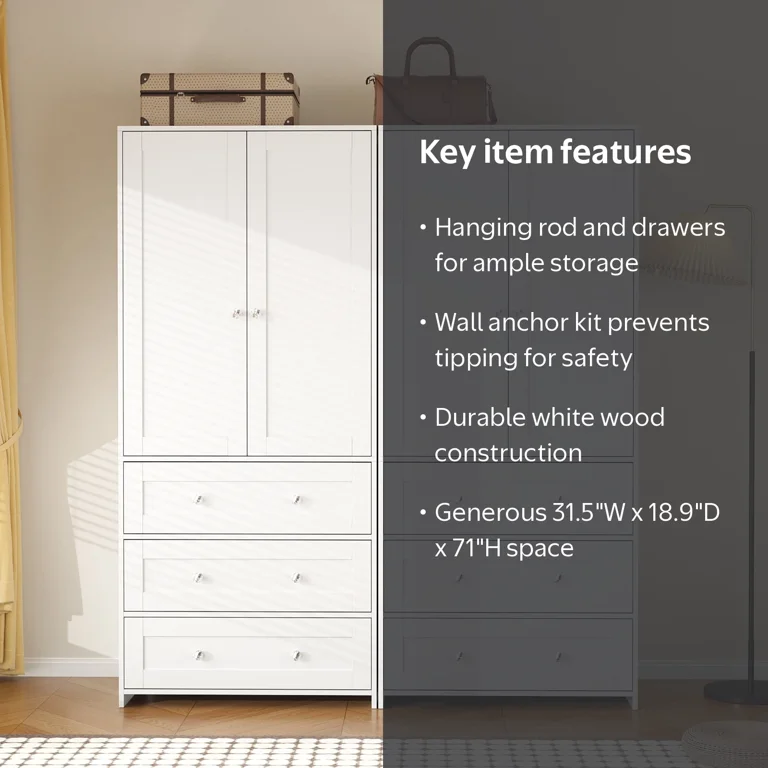 Richya White Wooden Freestanding Wardrobe Closet Cabinet with 3