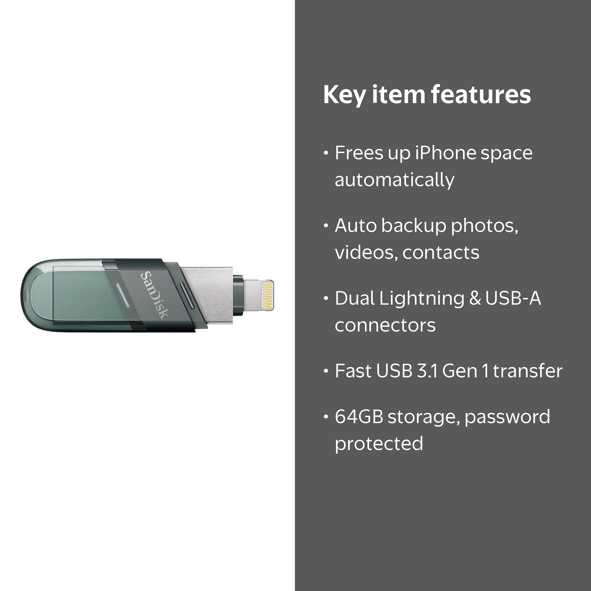 SanDisk, Flash Drive, SDIX90N-064G-AW6NN, 64GB iXpand Flip