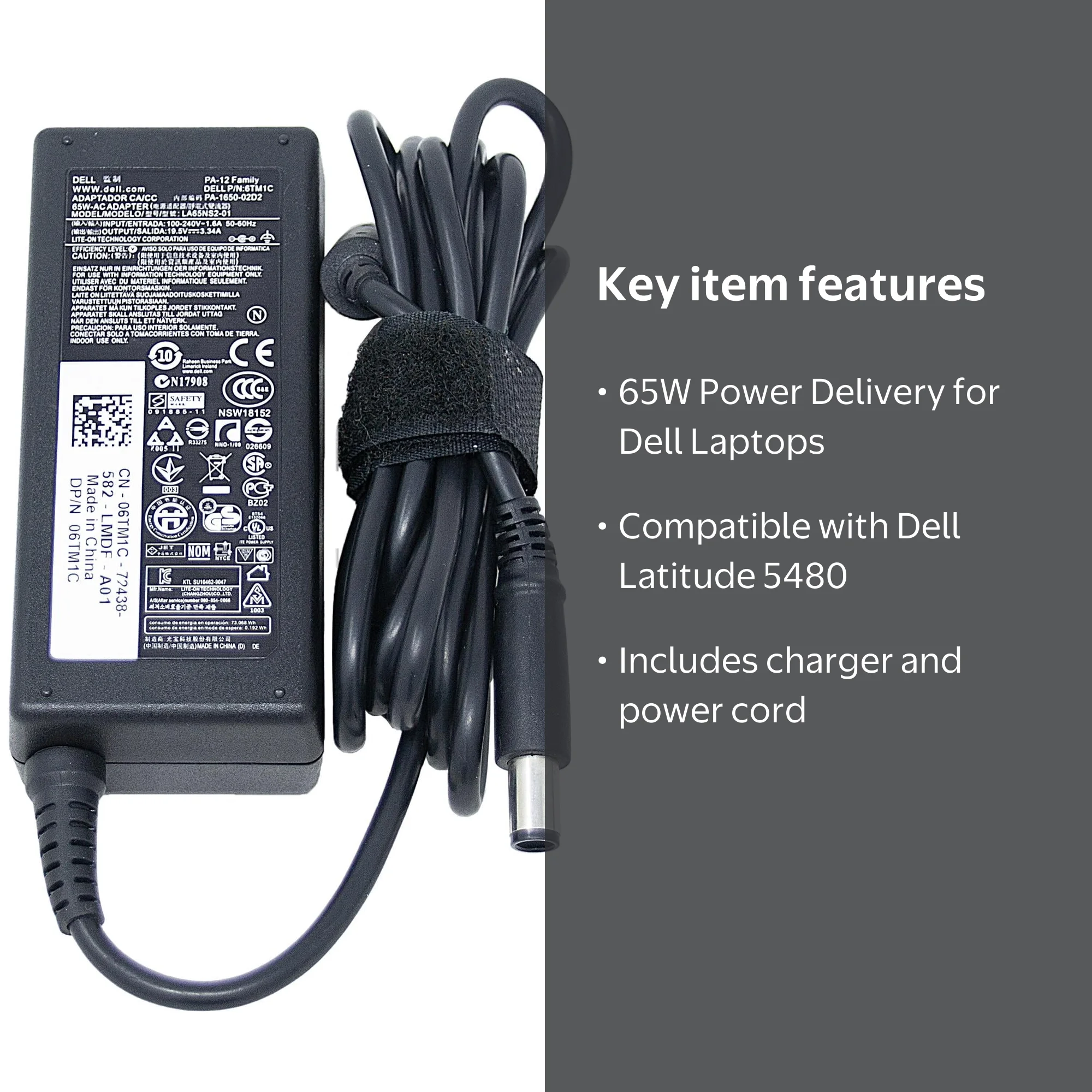 Dell Latitude 5480 Laptop Charger, 65W AC Adapter, Two-Year