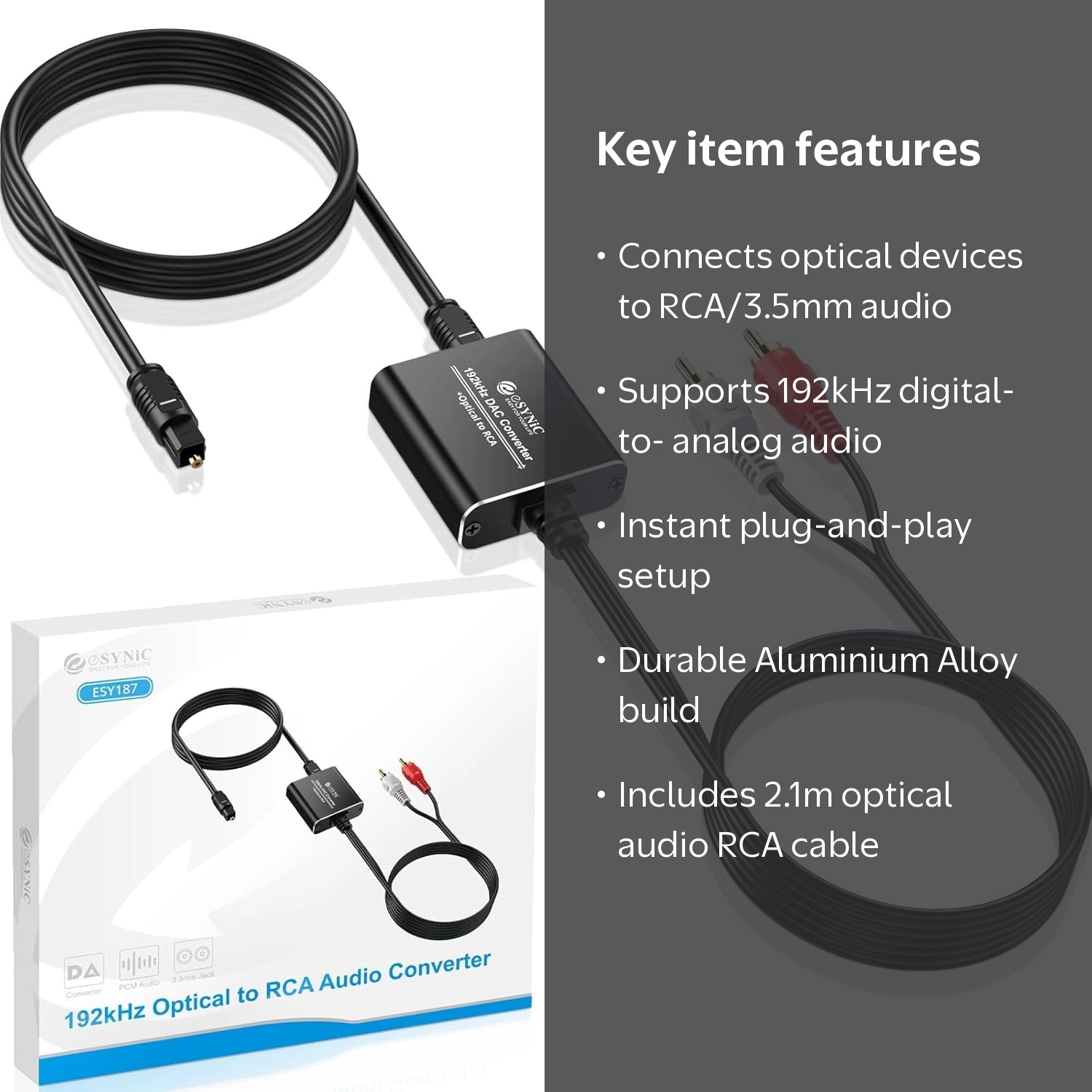 Esynic Optical to RCA Converter 192kHz DAC, Aluminium Alloy