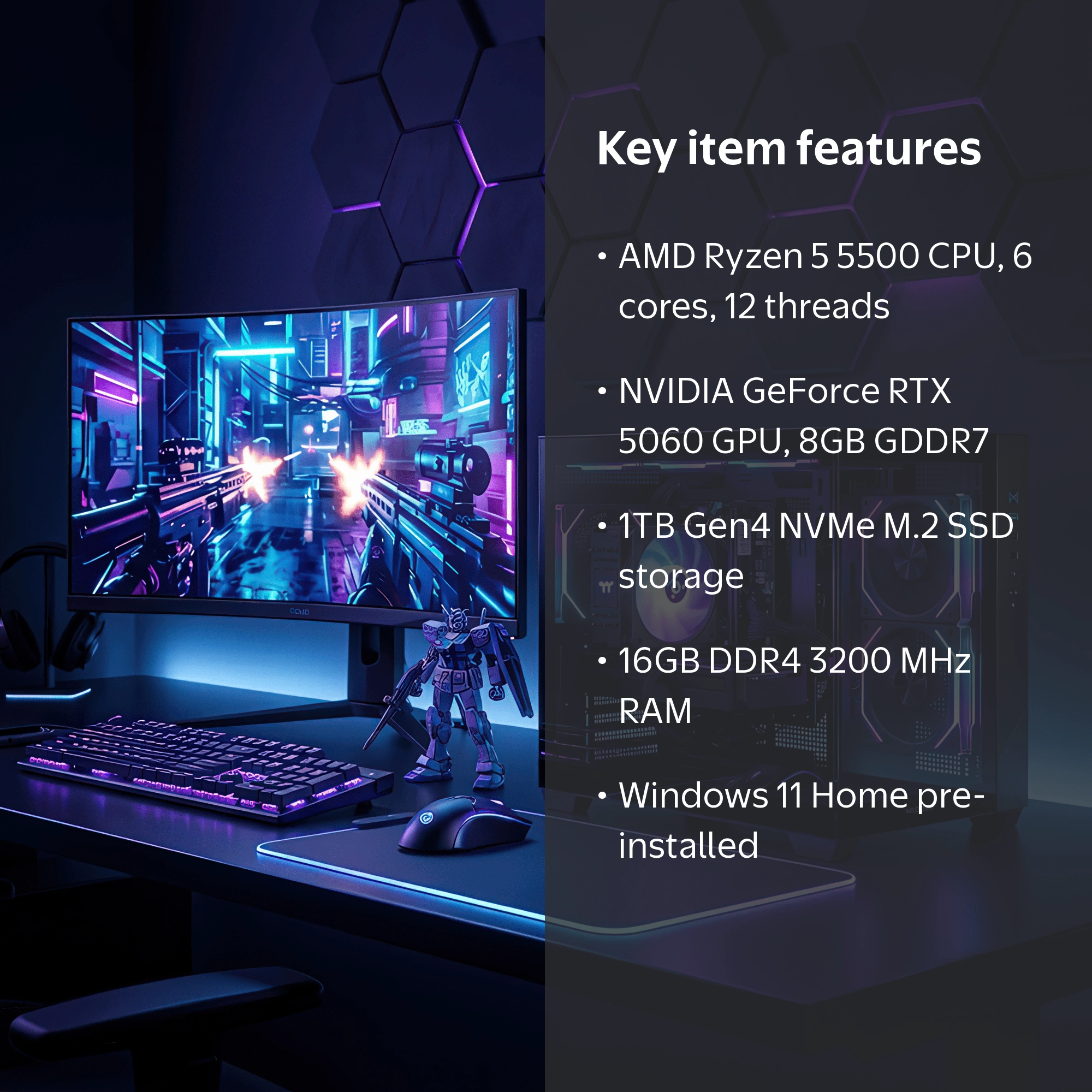 Mloong Gaming PC AMD Ryzen 5 5500, NVIDIA GeForce RTX 5060, 16GB