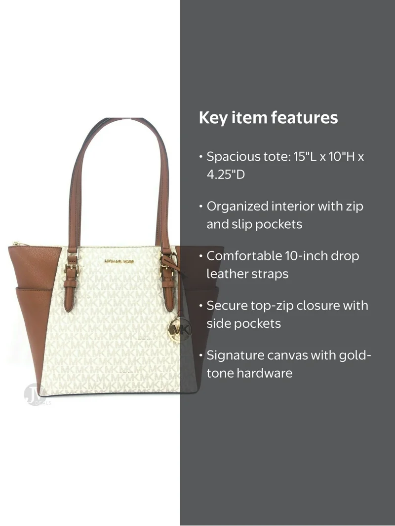 Michael Kors Women Leather Tote Handbag, Vanilla PVC, Zip Top