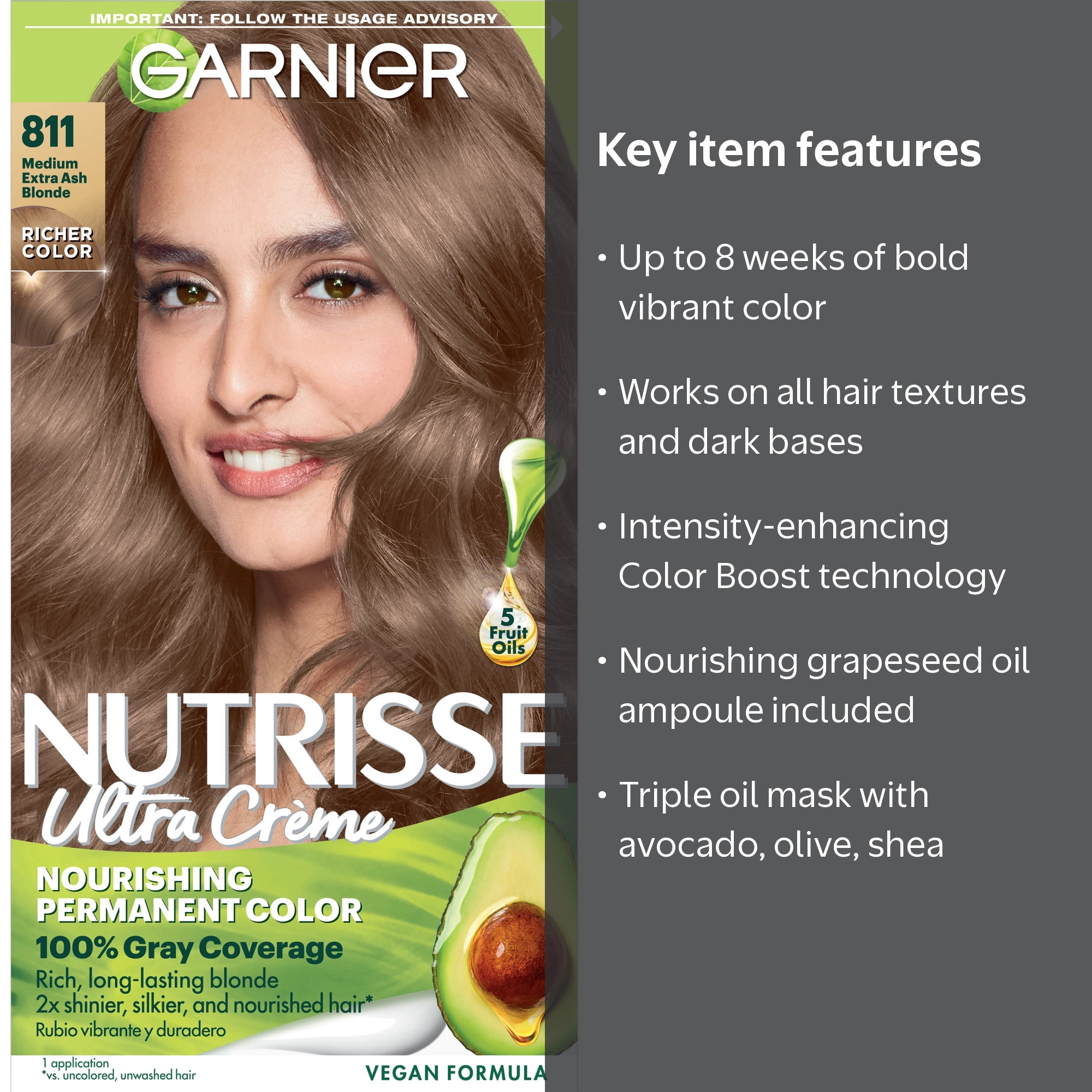 Garnier Nutrisse Hair Color Crème, Medium Extra Ash Blonde 811, At