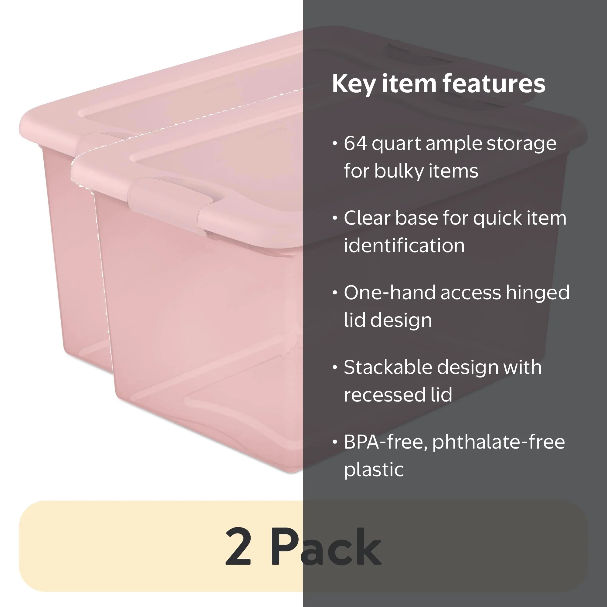 2 pack) Sterilite 64 Qt. Clear Plastic Latching Box, Pink Latches
