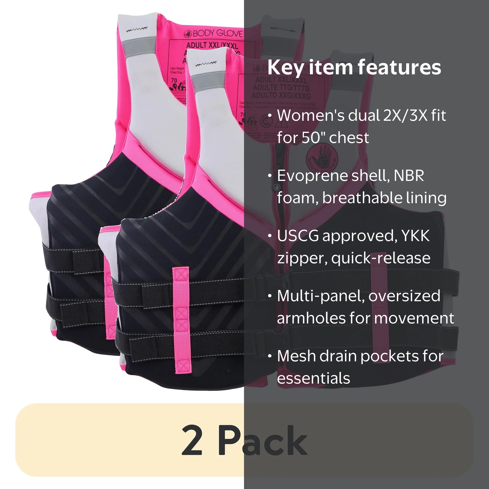2 pack) Body Glove Women's Adult Neoprene PFD Life Jacket and Vest 2 pack) Body Glove Women's Adult Neoprene PFD Life Jacket and Vest