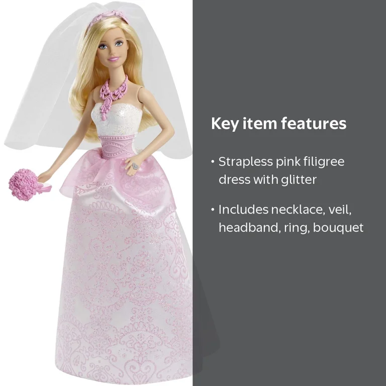 barbie doll glitter dress Bride in Fairytale Wedding with Veil, Bouquet and Accessories Fashion Long Evening Dress