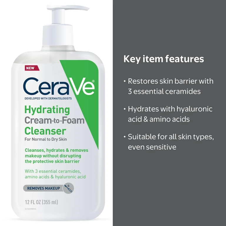 CeraVe Hydrating Cream-to-Foam Cleanser, Daily Face Wash, 12 fl oz