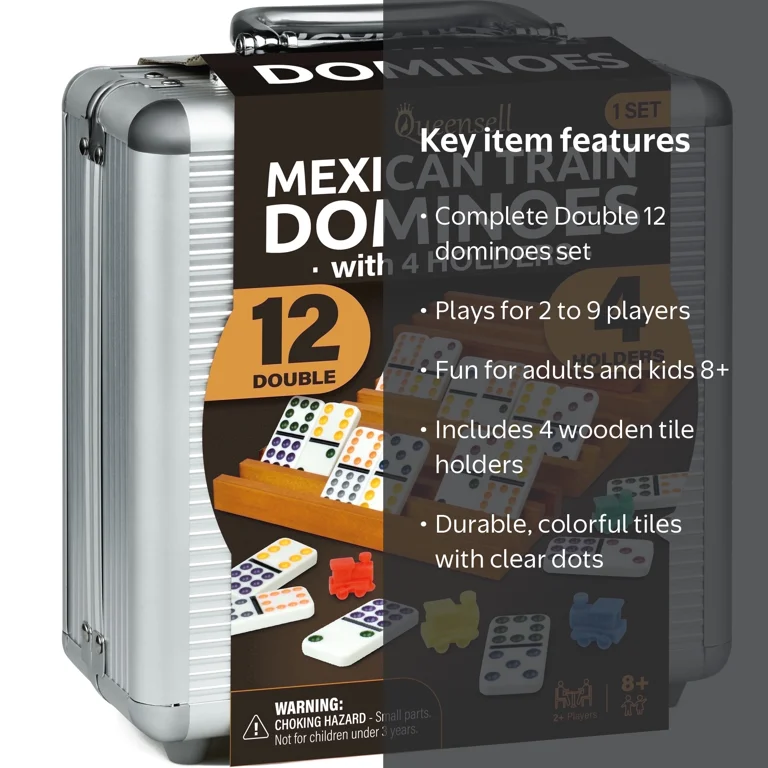Queensell Mexican Train Dominoes Set, 91 Tiles and 4 Holders