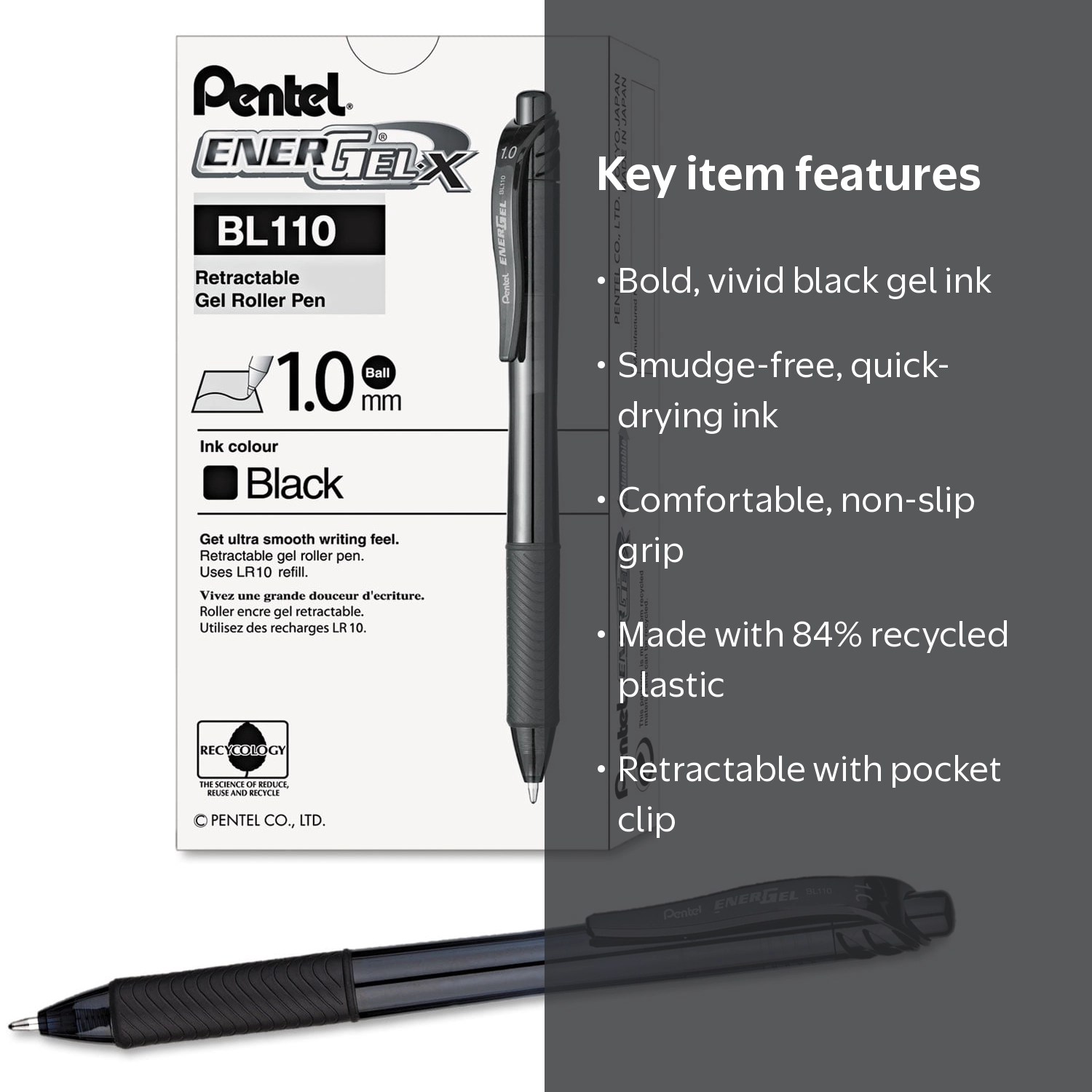 Pentel EnerGel-X Retractable Roller Gel Pen 1mm Trans Black Barrel
