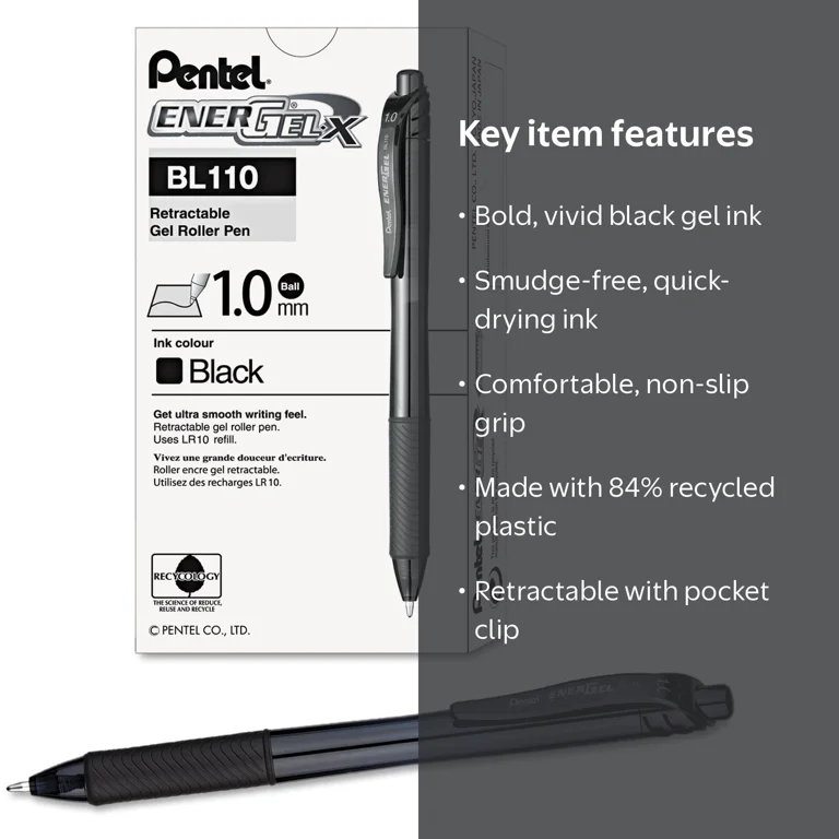 Pentel EnerGel-X Retractable Roller Gel Pen 1mm Trans Black Barrel