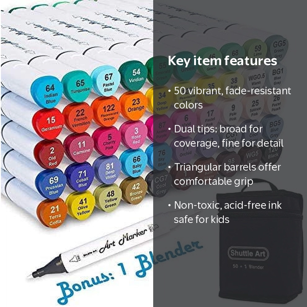 Shuttle Art 51 Colors Dual Tip Markers, 50 Colors + 1 Blender, Art