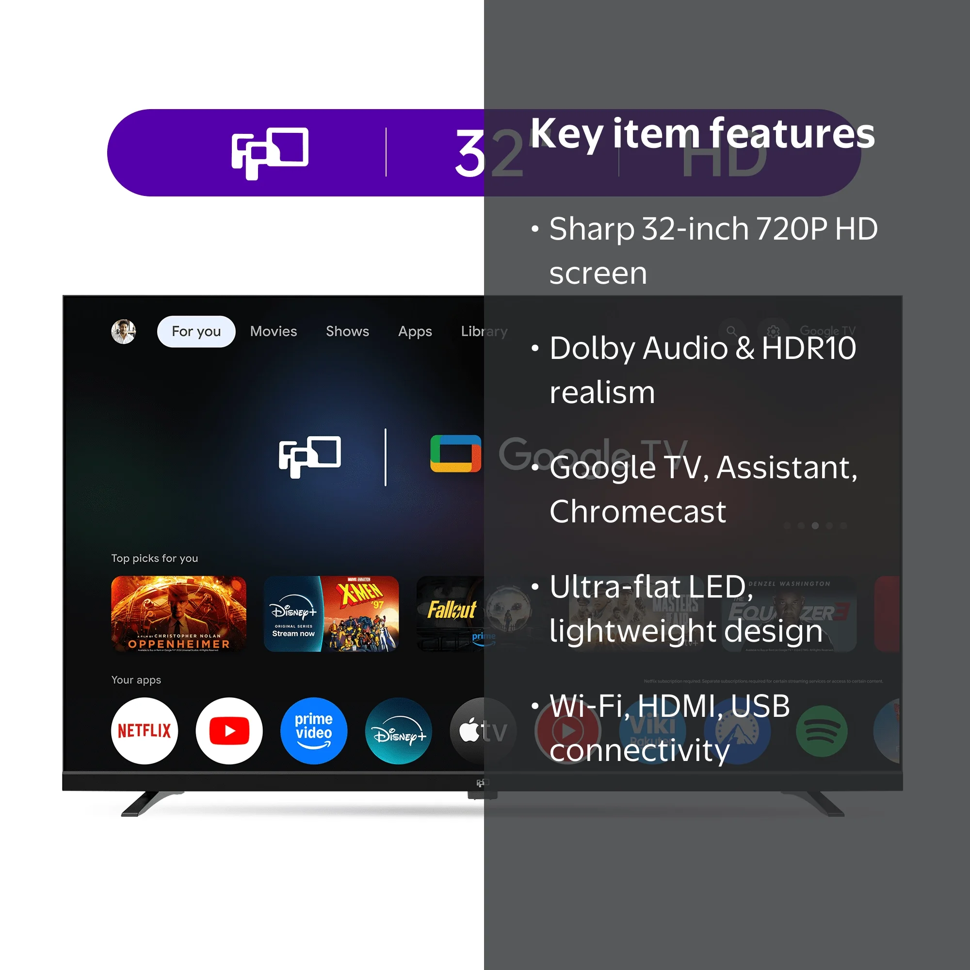 FPD 32-inch Smart TV, Google TV, HDR 10, Dolby Audio, Voice