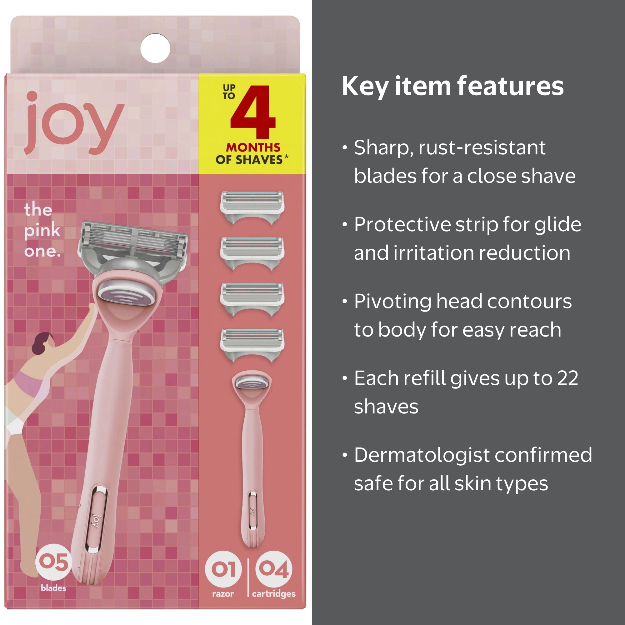 joy Razor for Women, 5 Blades, Manual Razor, Handle +4 Blade Razor