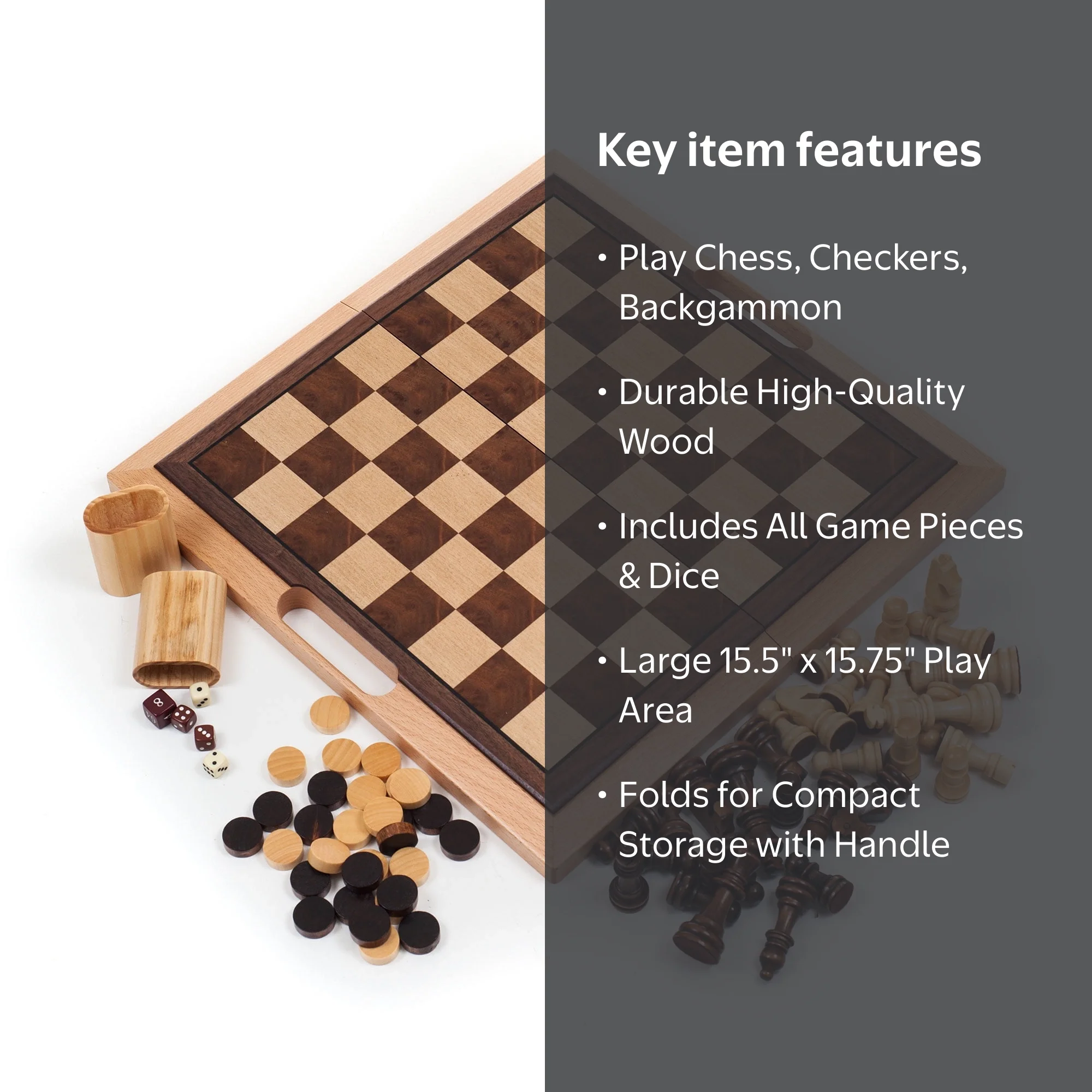 Jeu De Backgammon Pliable GrowUpSmart – 35,6 Cm, En Bois, 30 Dames, Double Cube, Dés, Pour Voyage