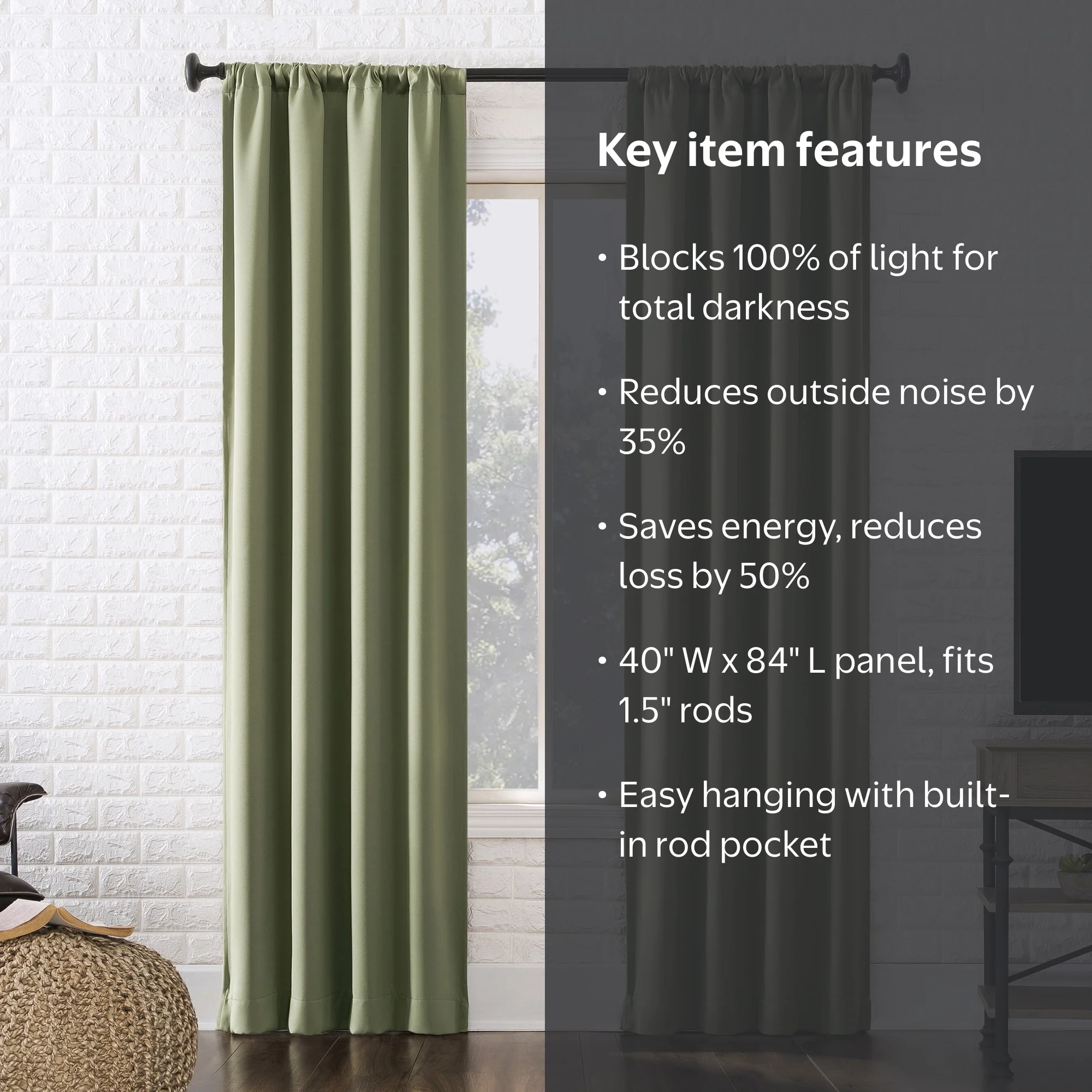 Sun Zero Avery 100% Blackout Rod Pocket Single Curtain Panel, Sage